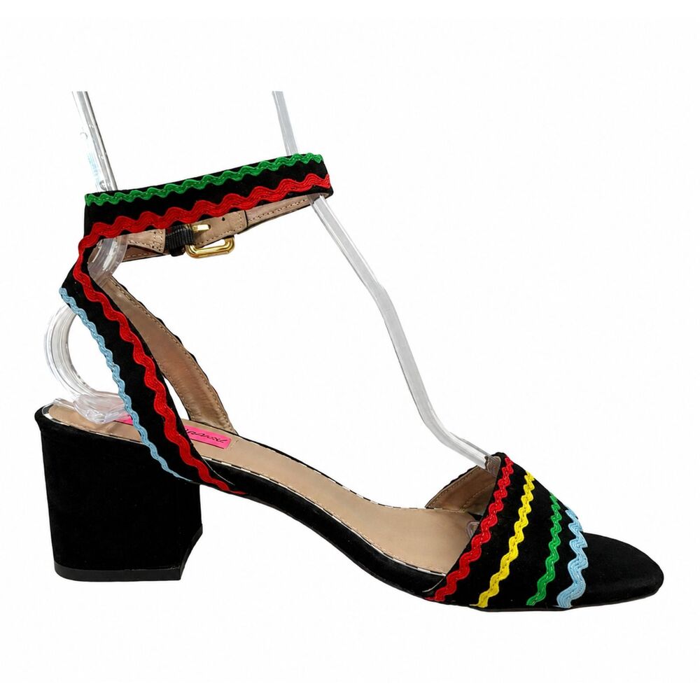 Betsey Johnson Farrah Ric Rac Block Heel Sandals Black Multicolor Womens Sz 7.5